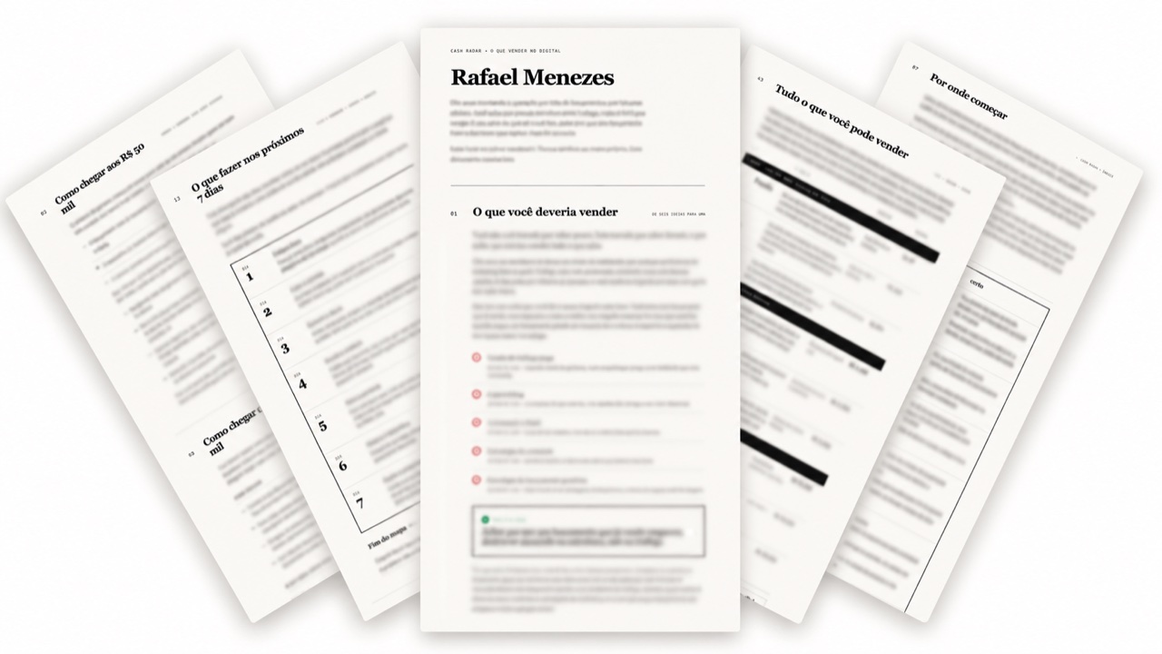 O documento Cash Radar: o foco escolhido, o método nomeado, as 9 ofertas e o caminho até os 100 mil, tudo preenchido.
